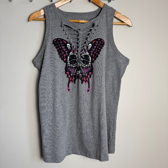 Torrid 0 Classic Fit Women's Skull and Butterfly Lattice V-Neck Tank Top Grey L - Picture 1 of 9